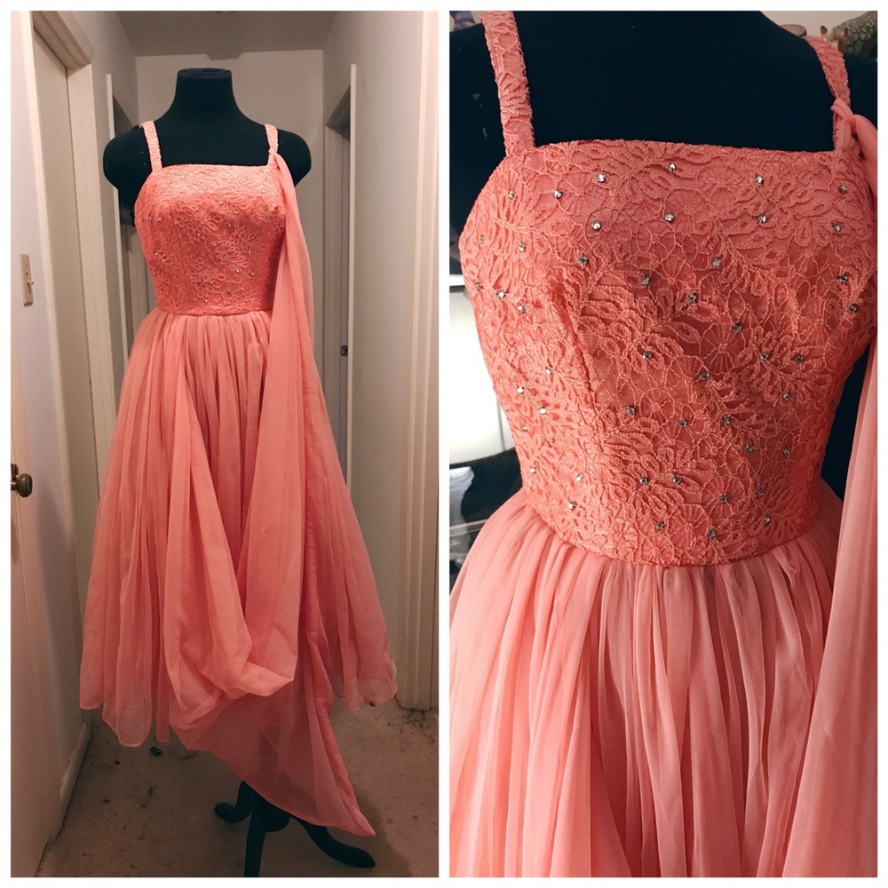Vintage 50s Salmon Pink Cupcake Prom Dress XS
